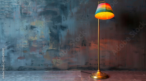 Vintage brass floor lamp with colorful lampshade casting warm glow. photo