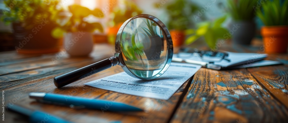 Resume with a magnifying glass focusing on highlighted skills and qualifications. Isolated background, vibrant and minimalist style, space for text. Resume with a magnifying glass focusing on highlighted skills and qualifications. Isolated background, vibrant and minimalist style, space for text.