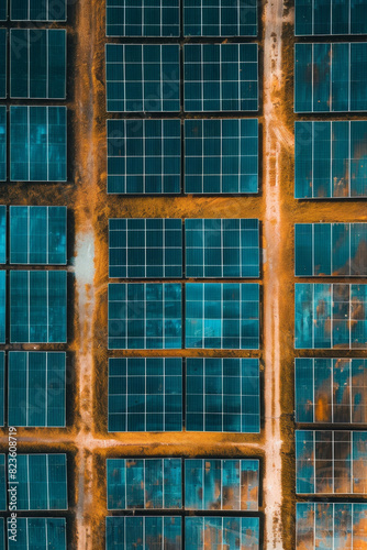 Aerial view of a solar farm with rows of solar panels arranged in a precise, repetitive pattern. Highlight the clean lines and geometric shapes, using a minimalist composition. 