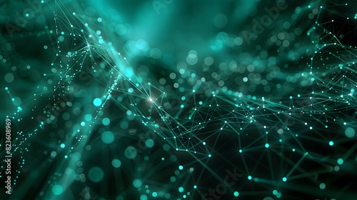 Abstract digital network connections, futuristic web data visualization, technology background with teal nodes and lines. © Tackey