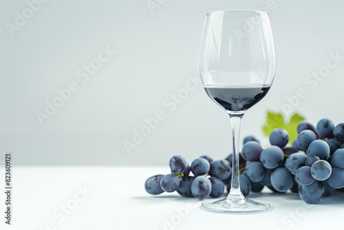 Glass of wine on a light background with an element of fresh dark grapes next to it with space for text or inscriptions close-up 