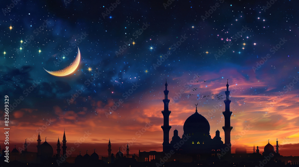 Serene Mosque Silhouette Under Moon, Eid feast, Islamic celebration, Family feast.