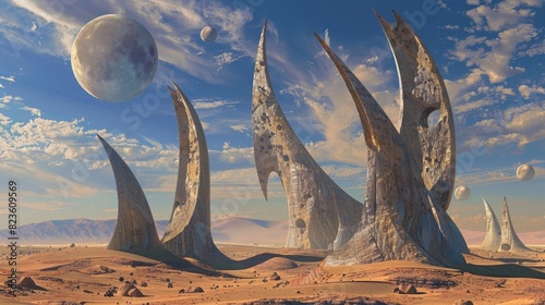 A surreal desert landscape  with strange  organic structures and a sky filled with multiple moons.