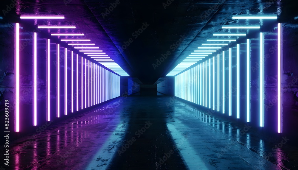 Fototapeta premium 3d render. Geometric figure in neon light against a dark tunnel. Laser glow.