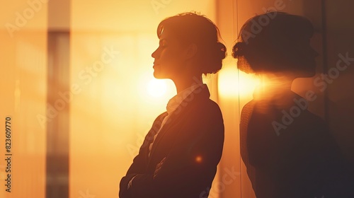 Businesswoman adult woman standing alone with sunlight illuminating the background © Sattawat