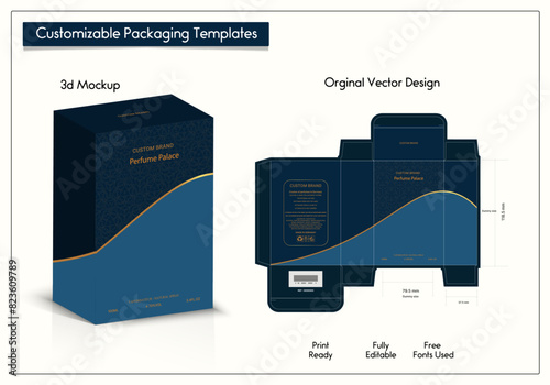 Premium Perfume Packaging Design Luxury 3d Box die line, Box Mockup labels, frames and Design elements, 3d Illustration, Vector design Template.