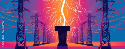 Vibrant pop-art mockup featuring power lines and central pylon with striking lightning