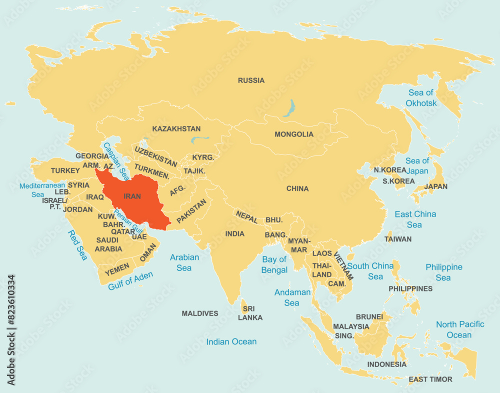 Naklejka premium Highlighted red map of IRAN inside orange detailed tagged map of Asia using orthographic projection on blue background