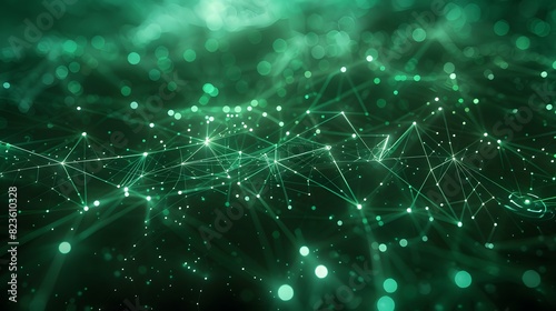Abstract digital technology network connection background with glowing green nodes and lines representing data exchange and communication.
