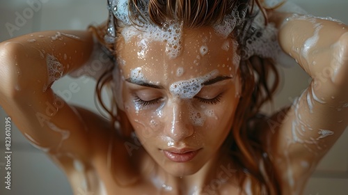 Revitalizing Morning Hair Wash A Woman Indulging in SelfCare with Rich Shampoo Lather photo