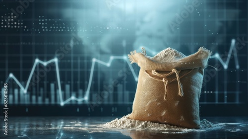 A full flour bag with grains spilling out is set against a digital backdrop with blue stock market graphs, illustrating concepts of supply and demand in the grain market. photo