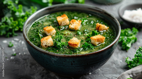 Tasty kale soup with croutons on grey table closeup