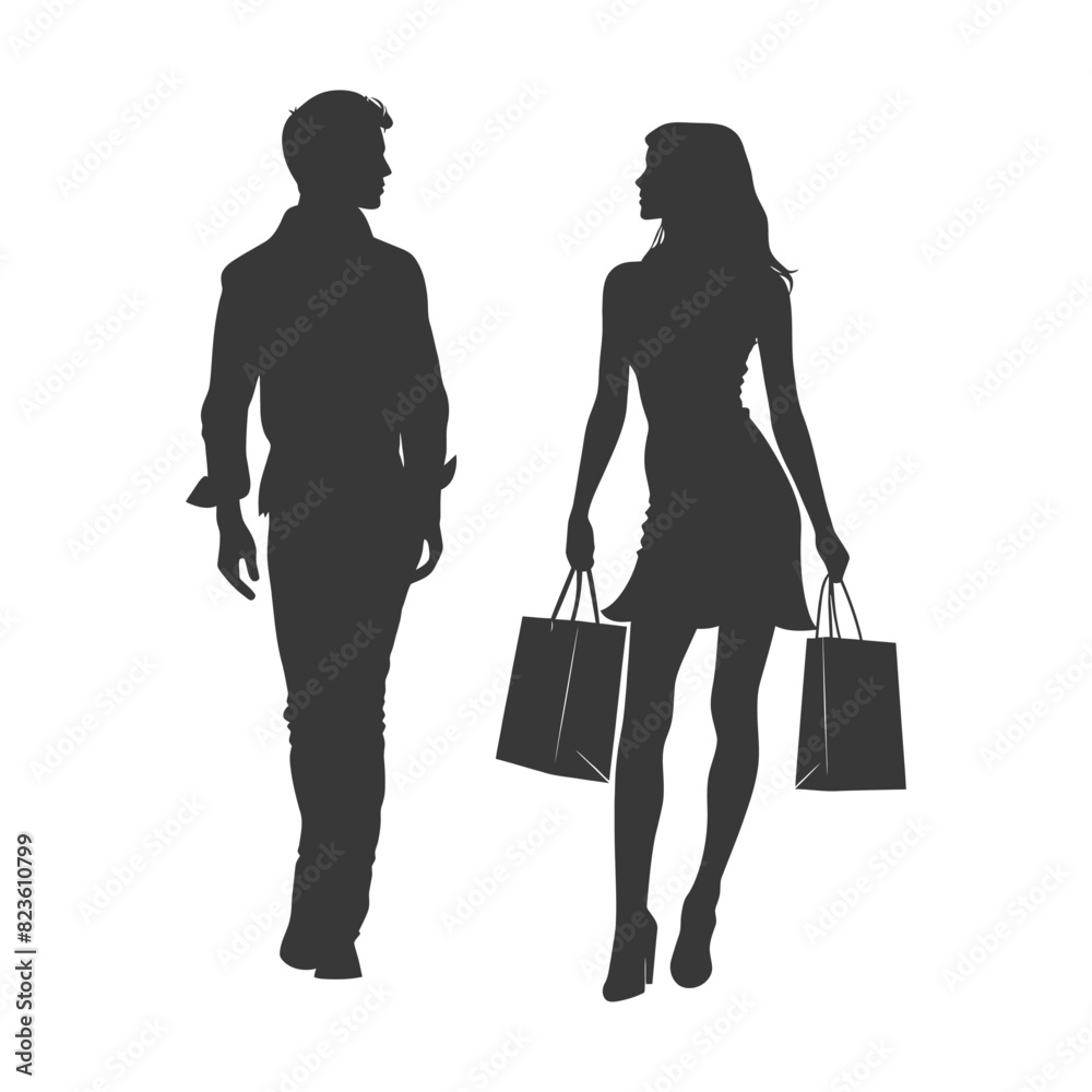 Silhouette man and women with Shopping bag full body black color only Silhouette man and women with Shopping bag full body black color only