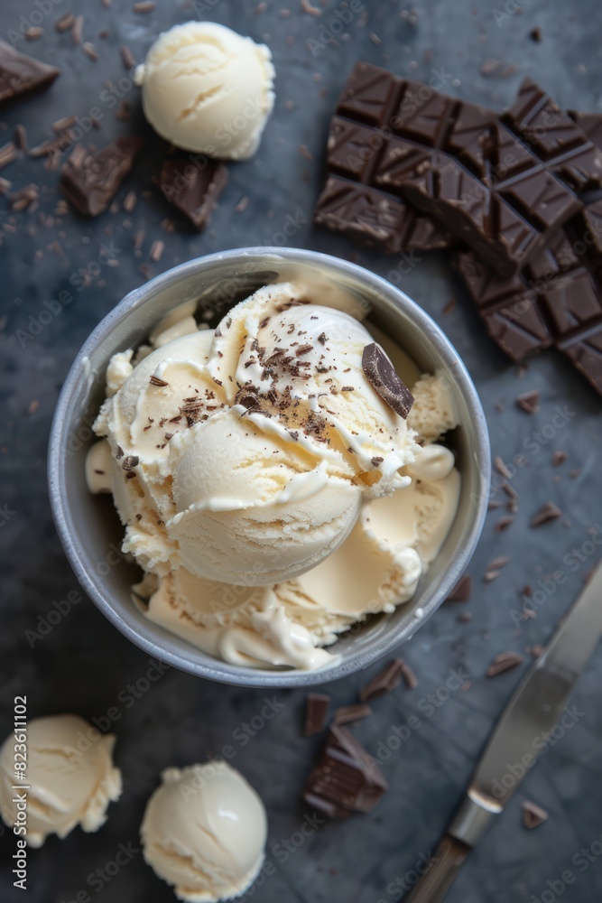 Ice cream with chocolate chips top view Ice cream with chocolate chips top view