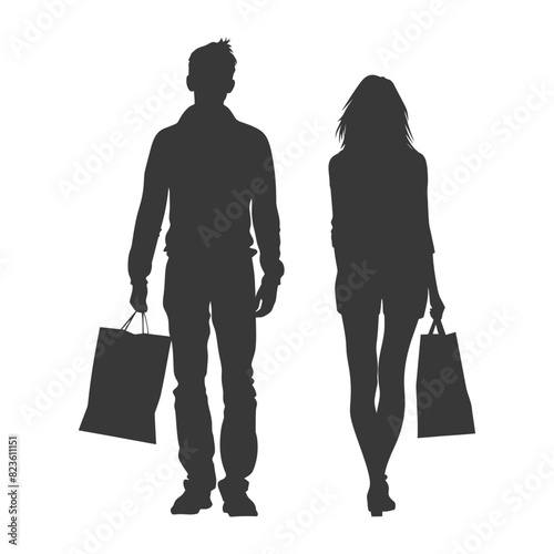 Silhouette man and women with Shopping bag full body black color only