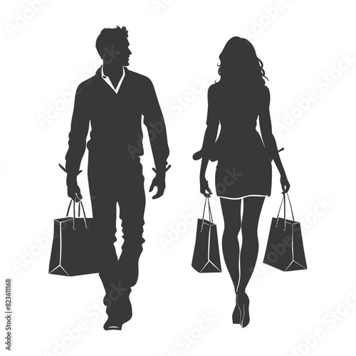 Silhouette man and women with Shopping bag full body black color only