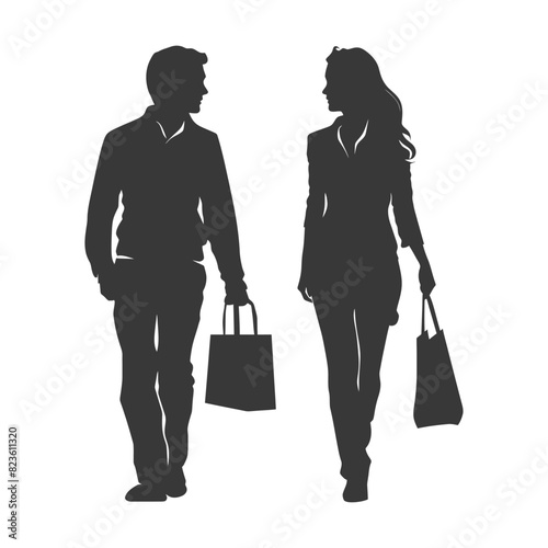 Silhouette man and women with Shopping basket full body black color only