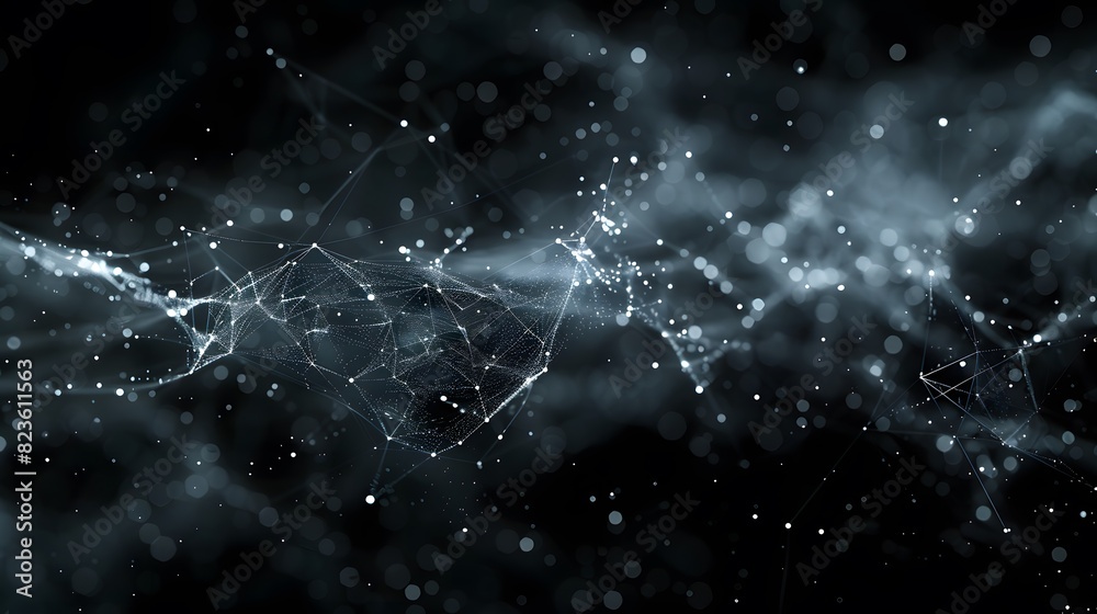 Fototapeta premium Abstract futuristic digital network concept background pattern with interconnected lines and particles floating in dark space.