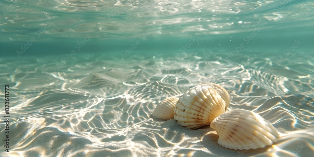 Seashells in Clear Ocean Water: Summer Beach Scene. Concept Beach Photography, Summer Vibes, Seashells, Ocean Views, Water Reflections Seashells in Clear Ocean Water: Summer Beach Scene. Concept Beach Photography, Summer Vibes, Seashells, Ocean Views, Water Reflections