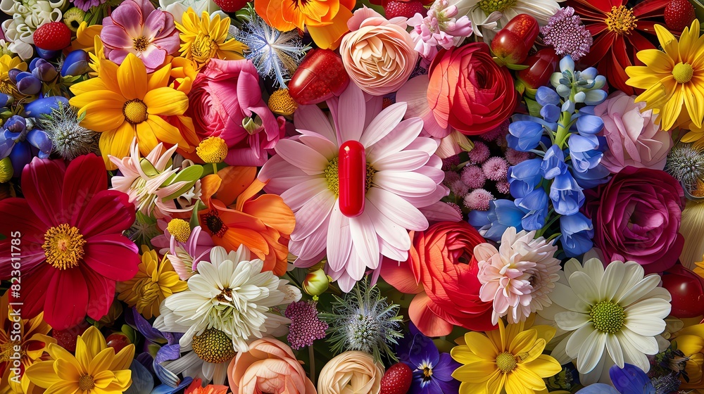 A vibrant, colorful bouquet of flowers with one red capsule pill nestled among the petals. The background is a lush garden setting, creating an elegant and artistic composition that highlights both na