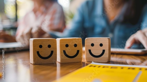 Three wooden cubes with smiley faces on them sit on a table in front of an open laptop.
