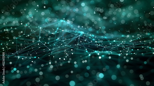 Abstract futuristic network background with glowing dots and lines forming a complex digital structure on a dark green backdrop.
