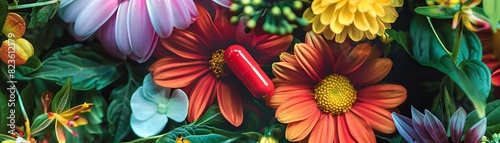 A vibrant, colorful bouquet of flowers with one red capsule pill nestled among the petals. The background is a lush garden setting, creating an elegant and artistic composition that highlights both na photo