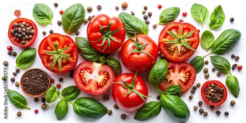 A vibrant overhead view of ripe whole and sliced tomatoes, basil leaves, and black and green peppercorns scattered over a background, isolated for easy compositing