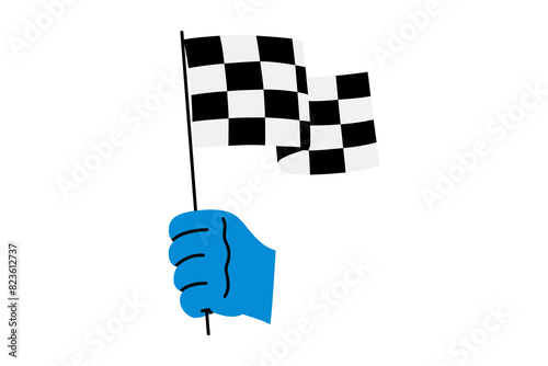 Hand drawn cute cartoon illustration of hand with finish flag. Flat vector achievement or victory sticker in colored doodle style. Challenge success icon. End of project sign. Achieve goal. Isolated.