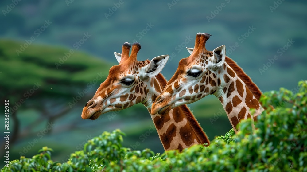 Obraz premium two beautiful giraffe near lush green tree , focus on giraffe, natural looking image with no shadows