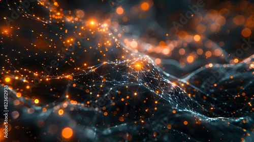 Abstract glowing network of interconnected particles with vibrant orange and blue lights, illustrating digital communication and data flow. © Tackey