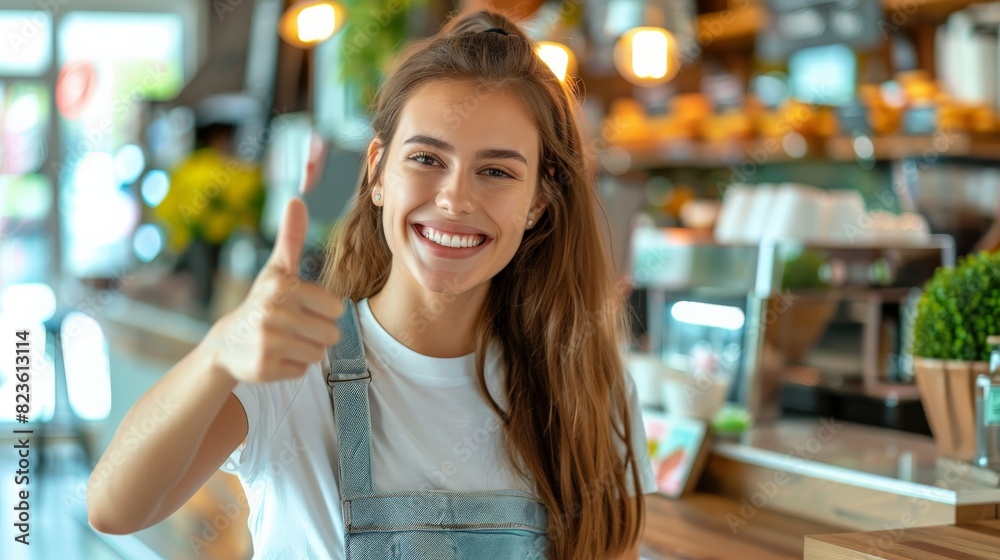 Young woman with toothy smile giving thumbs up in approval