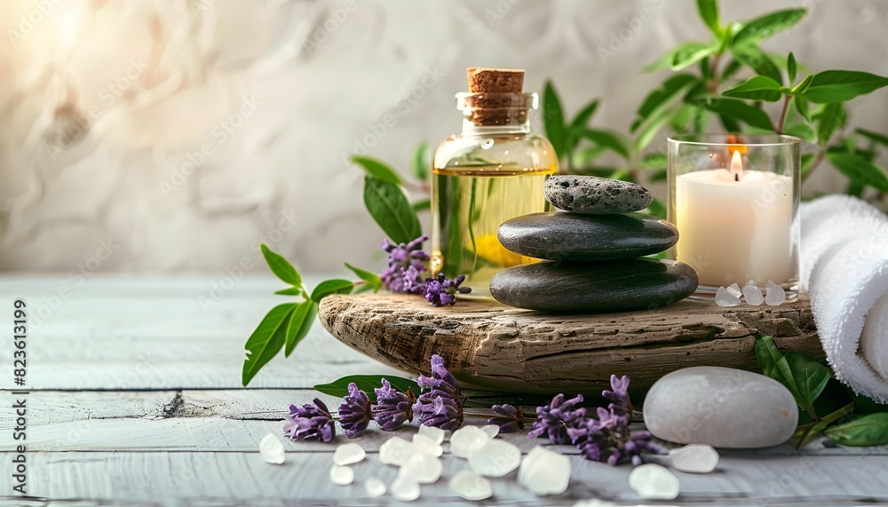 beauty treatment items for spa procedures on white wooden table. massage stones, essential oils and sea salt. copy space beauty treatment items for spa procedures on white wooden table. massage stones, essential oils and sea salt. copy space