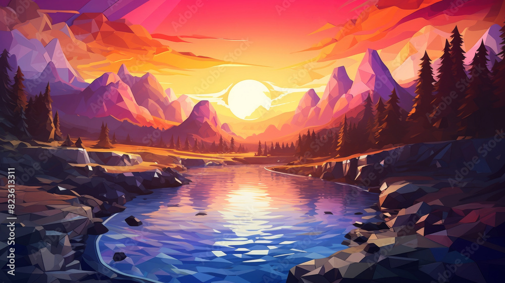 Low poly artwork, A breathtaking sunset over a serene lake surrounded by mountains, featuring vibrant colors and a peaceful atmosphere.