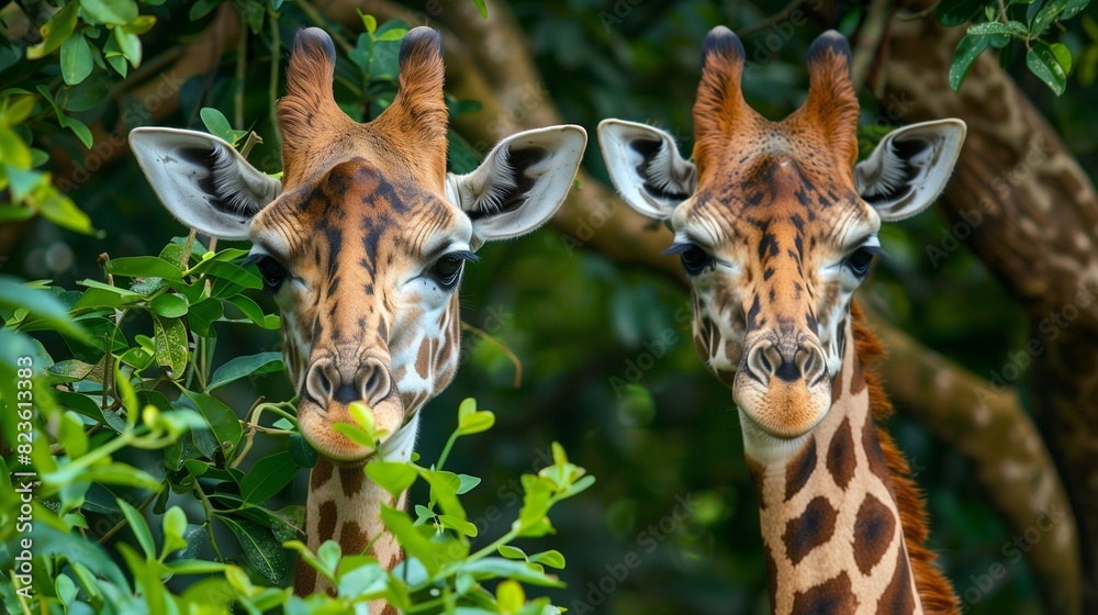 Obraz premium two beautiful giraffe near lush green tree , focus on giraffe, natural looking image with no shadows