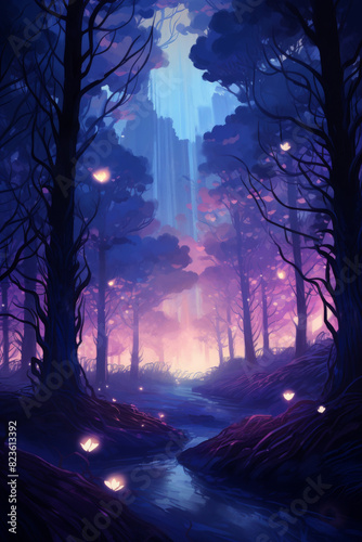 Low poly artwork  Enchanting forest at dusk with glowing fireflies  vibrant colors  and a serene stream flowing through the trees under a mystical sky.