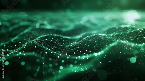 Abstract green digital landscape with glowing dots and connecting lines, representing technology, data, and network connections.