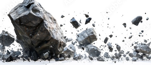Large and small pieces of gray rocks and stones flying through the air on a white background photo