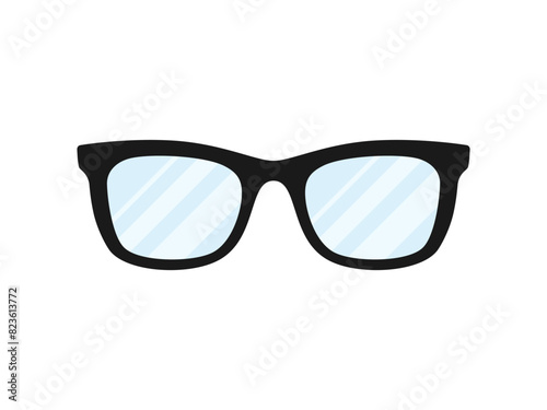 Glasses icon. Black rimmed spectacles with blue lenses on white background. Vector flat illustration.