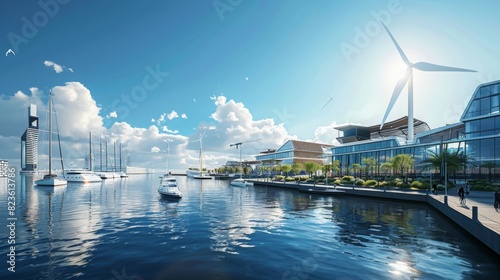 eco-conscious port design, featuring green buildings and renewable energy sources, under a clear blue sky, in a photorealistic style. --ar 16:9 --style raw Job ID: b33219eb-a2ac-48a4-9394-f8e72af5c8ca photo