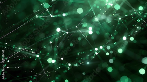 Abstract green digital network background with glowing nodes and connecting lines, futuristic technology concept. © Tackey