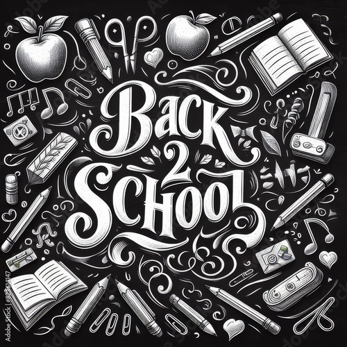 Back to School Chalkboard Illustration with Supplies