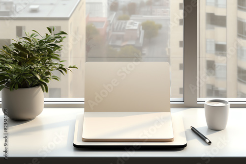 Wallpaper Mural Blank paper and pen on desk by the window with a plant and cup Torontodigital.ca