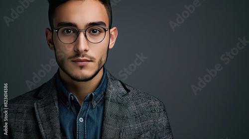 a studio shot of a closeup of A Young businessman wearing eyeglasses, jacket and shirt