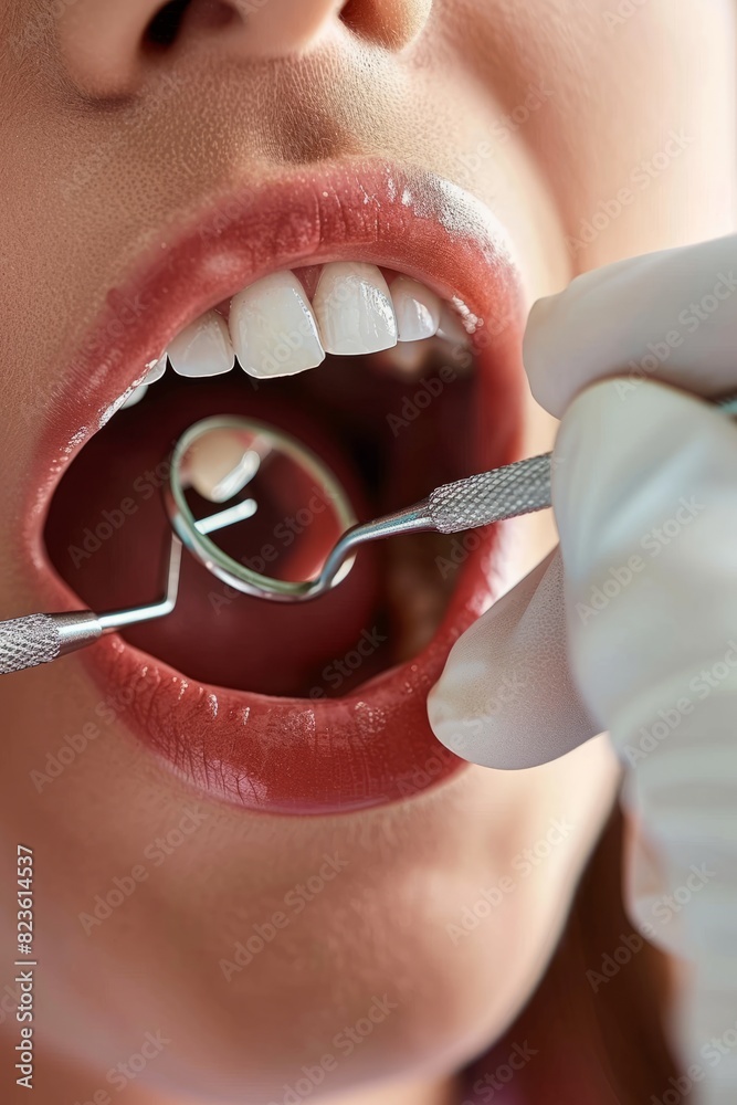 Obraz premium A woman is getting her teeth cleaned by a dentist