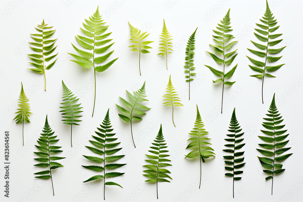 Green leaves of fern on white background. Flat lay. Green leaves of fern on white background. Flat lay.