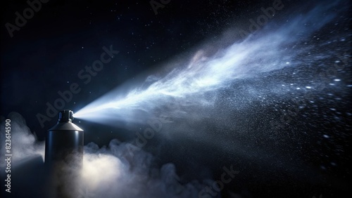 Black and white image of water vapor spray from atomizer jet photo