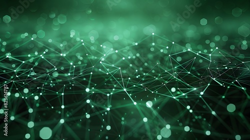 Abstract green digital network with connected dots and lines, representing technology, innovation, and data communication.