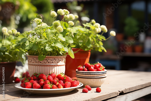 Ripe strawberries on a plate and in a bowl with green leaves on the table in the garden