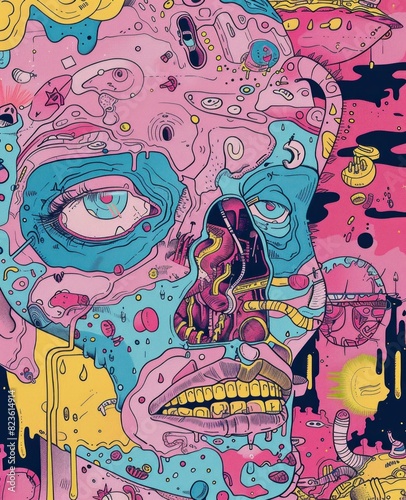 Colorful illustration of man's face with skull in the middle, creating a contrasting and intriguing image
